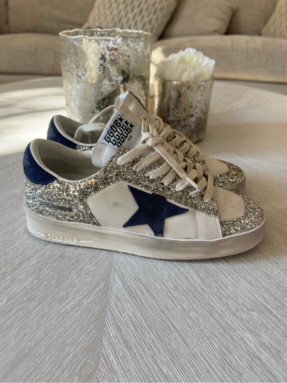 Golden Goose Leather Sneakers with Silver Glitter & Navy Star - Picture 2 of 9